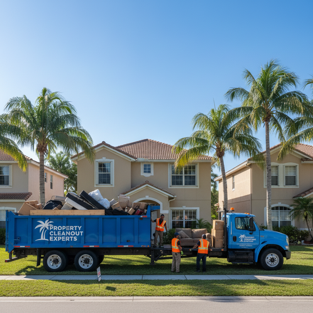 Real estate cleanout truck and crew at a South Florida home