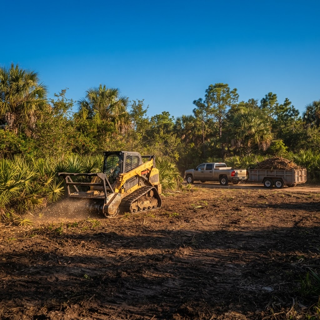 Palm Beach County land clearing with skid steer clearing brush and overgrowth