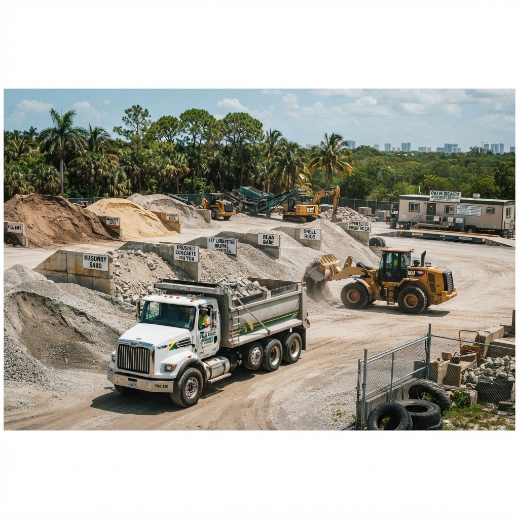Aggregate delivery for driveway base in Palm Beach County with piles of fill dirt, gravel and road base