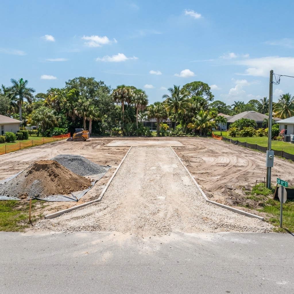 Palm Beach County site preparation with gravel and fill dirt delivered for a driveway base