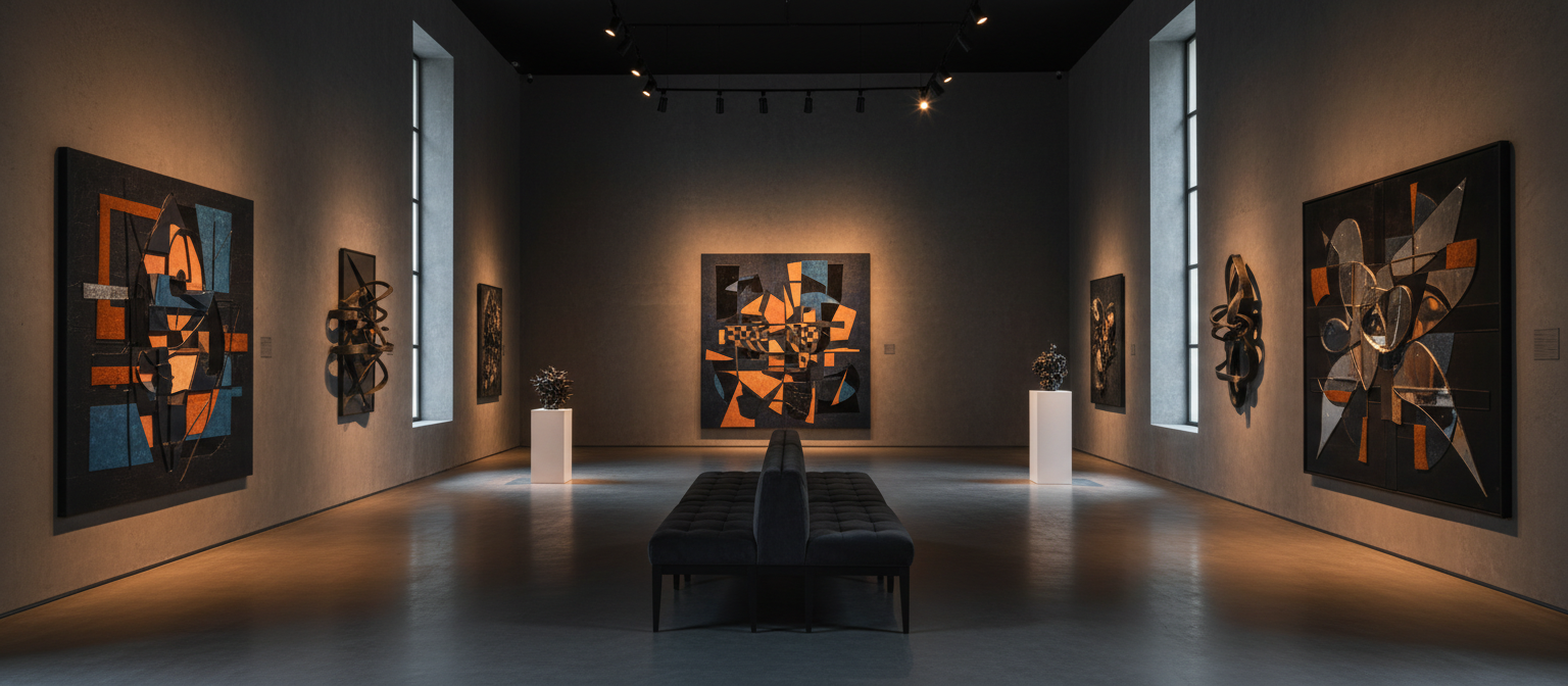 Contemporary art gallery with dramatic lighting