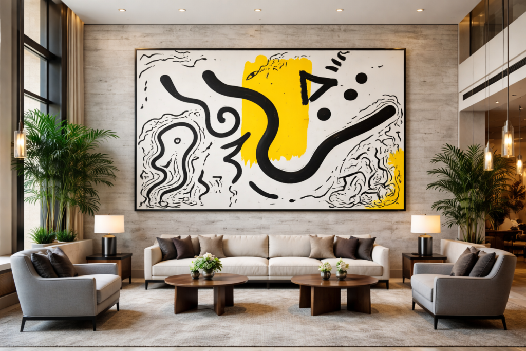Luxury hotel lobby with curated contemporary artwork