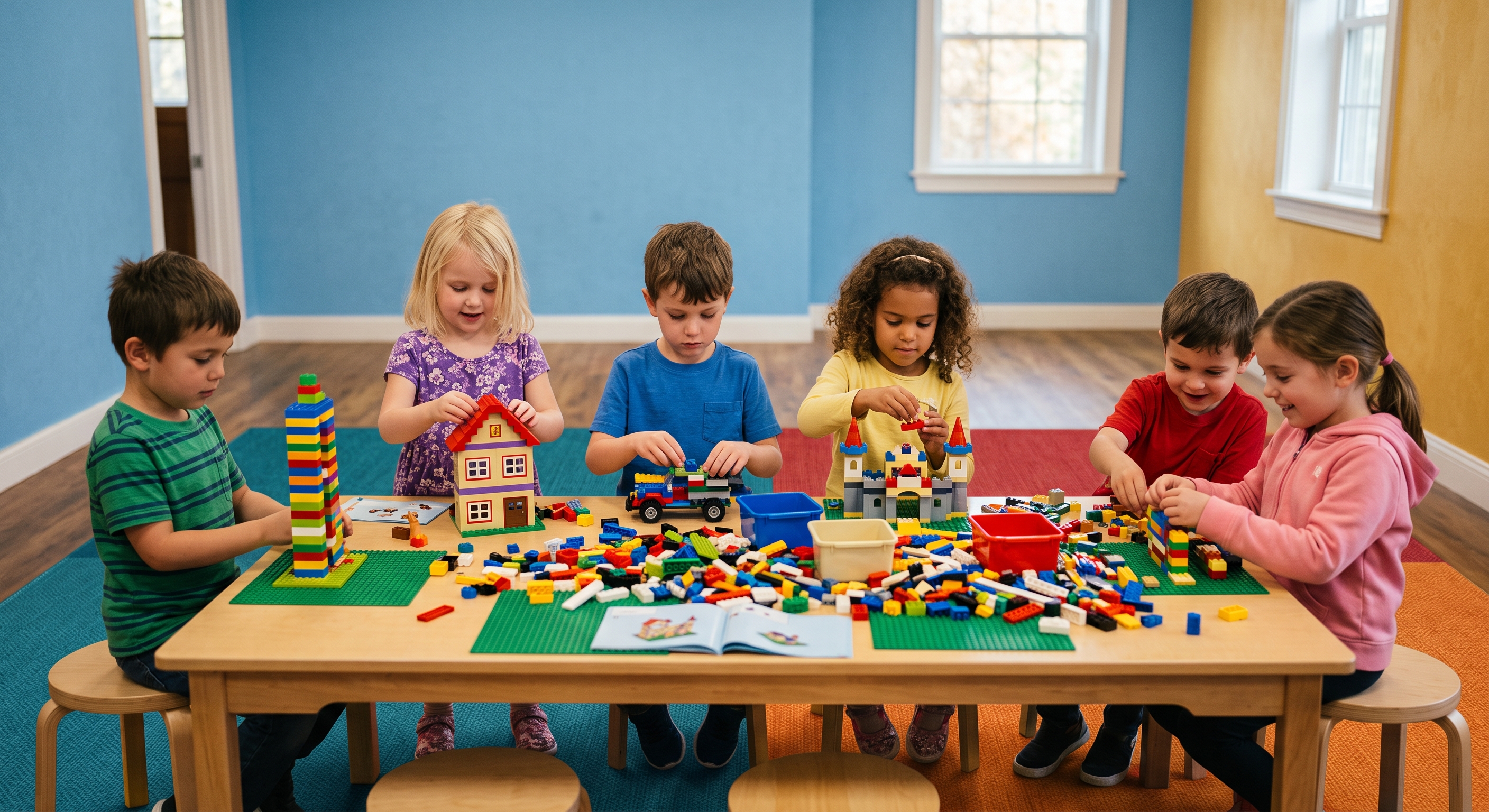 Children building with LEGO in a studio