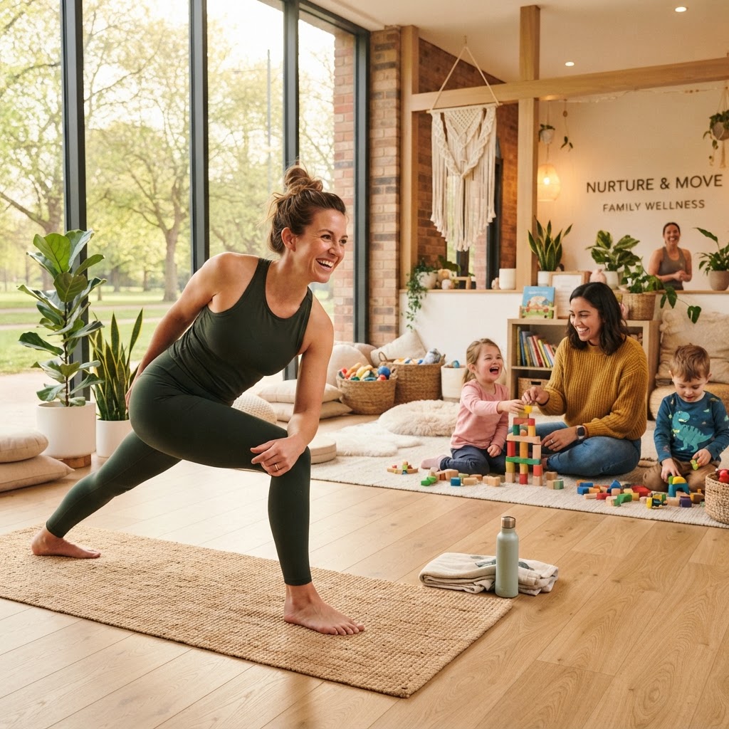 Parent exercising while children play with a specialist nearby at Illuminate Studios