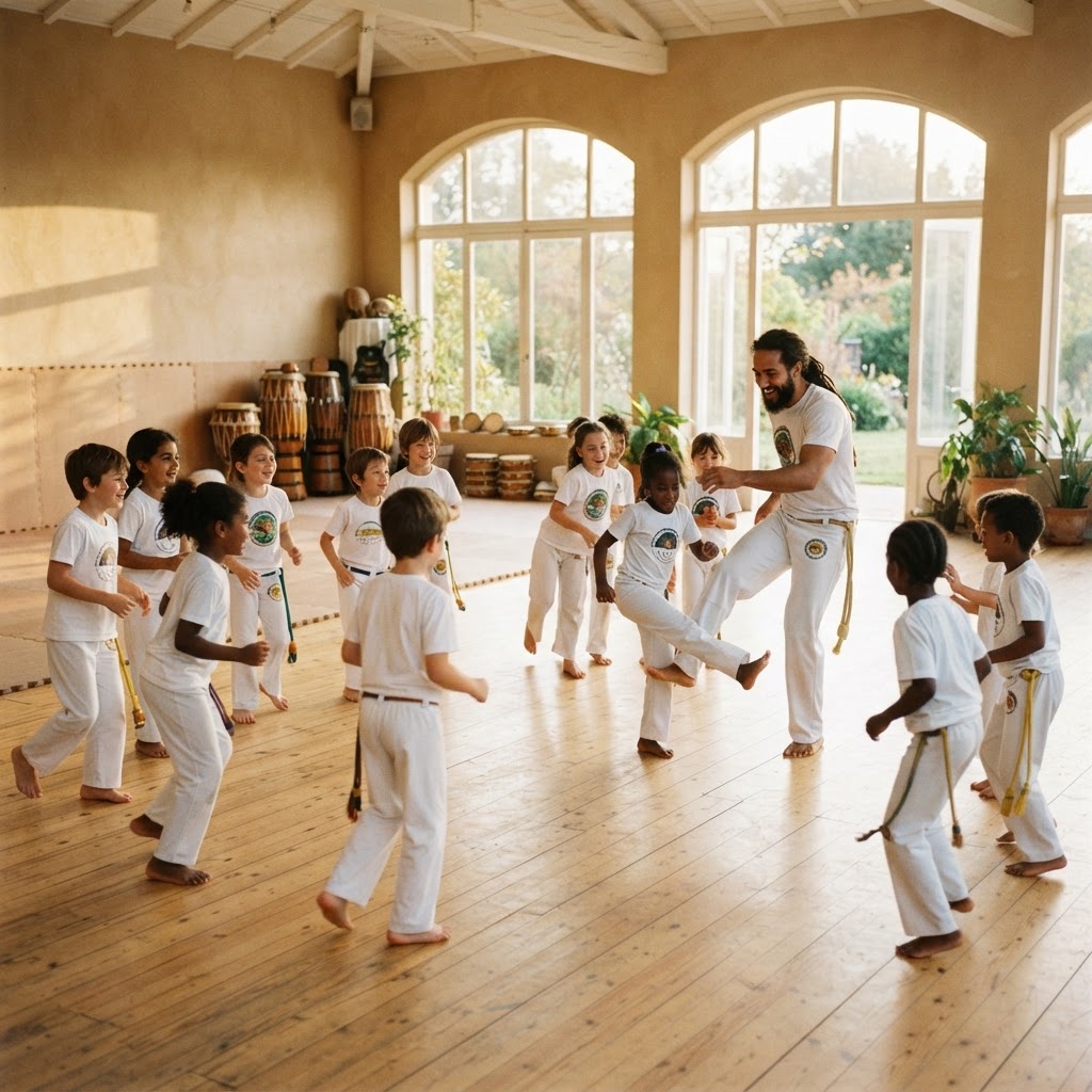 Children practicing capoeira together in a bright studio at Illuminate Studios in Ventura