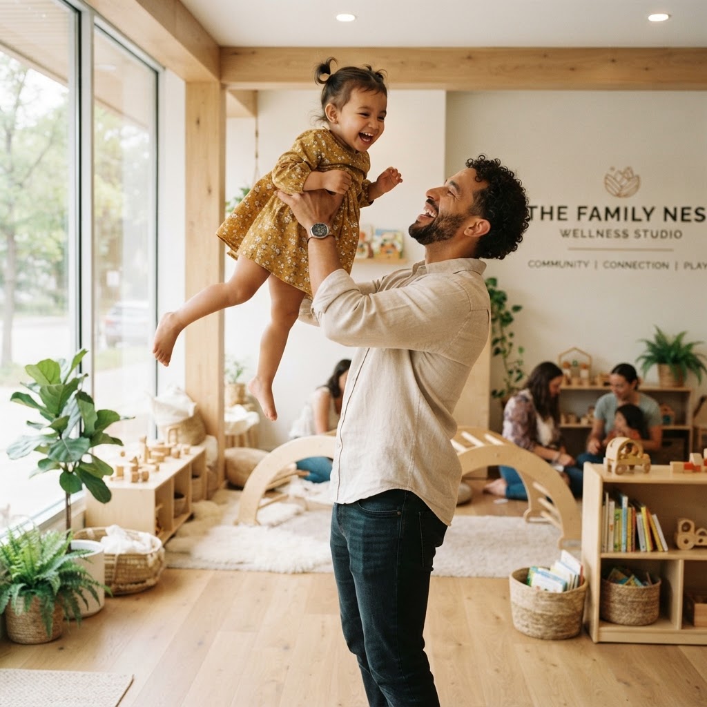 A father playing joyfully with his child at Illuminate Studios