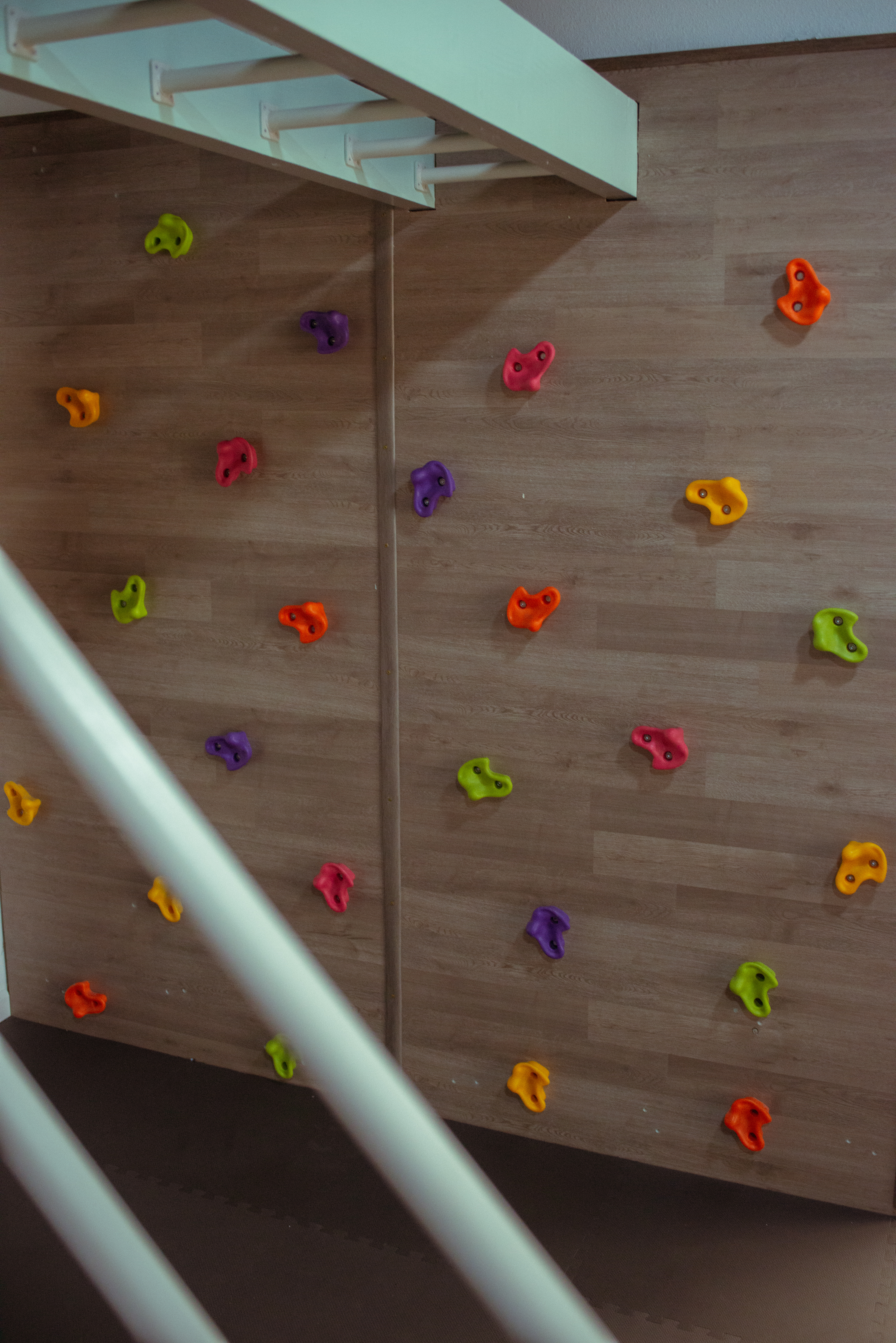 Colorful climbing wall on wood-paneled surface