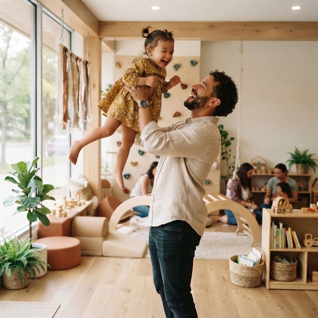 A father playing joyfully with his child at Illuminate Studios