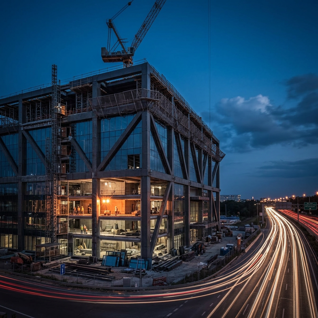Monumental commercial skyscraper at twilight with dramatic lighting