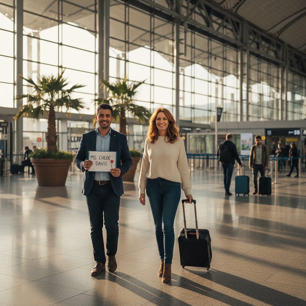 British woman arriving at Istanbul Airport, driver waiting with welcome sign