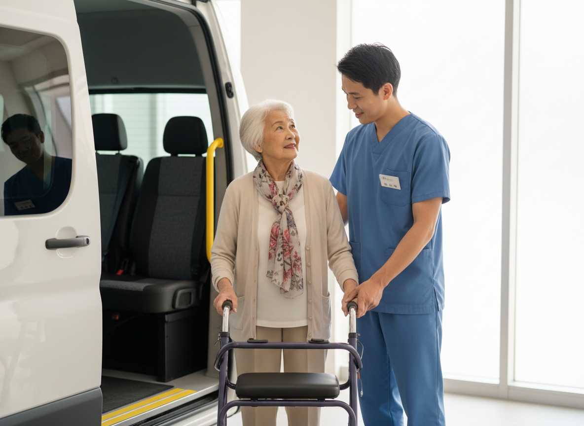 Professional driver helping elderly patient