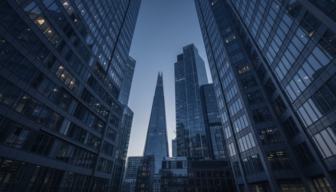 London financial district at dawn with modern glass architecture