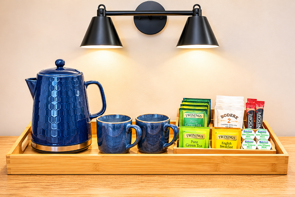 Tea and coffee tray with Twinings selection in room at Avoncourt Lodge