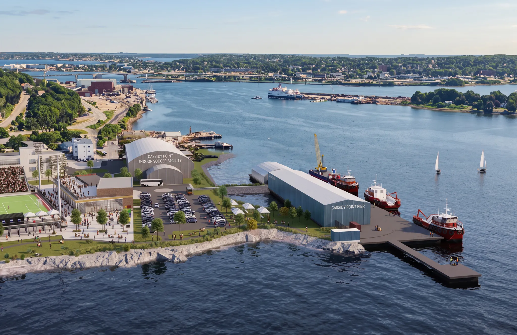 Aerial rendering showing the indoor soccer facility and preserved Cassidy Point pier