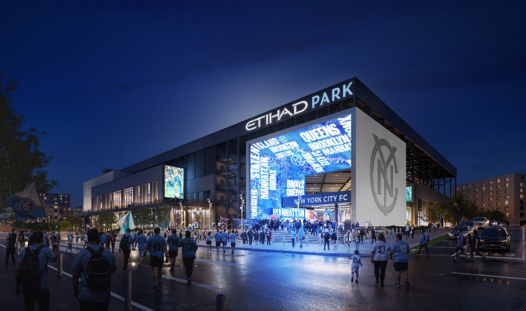 New York City FC Etihad Park stadium exterior rendering at night