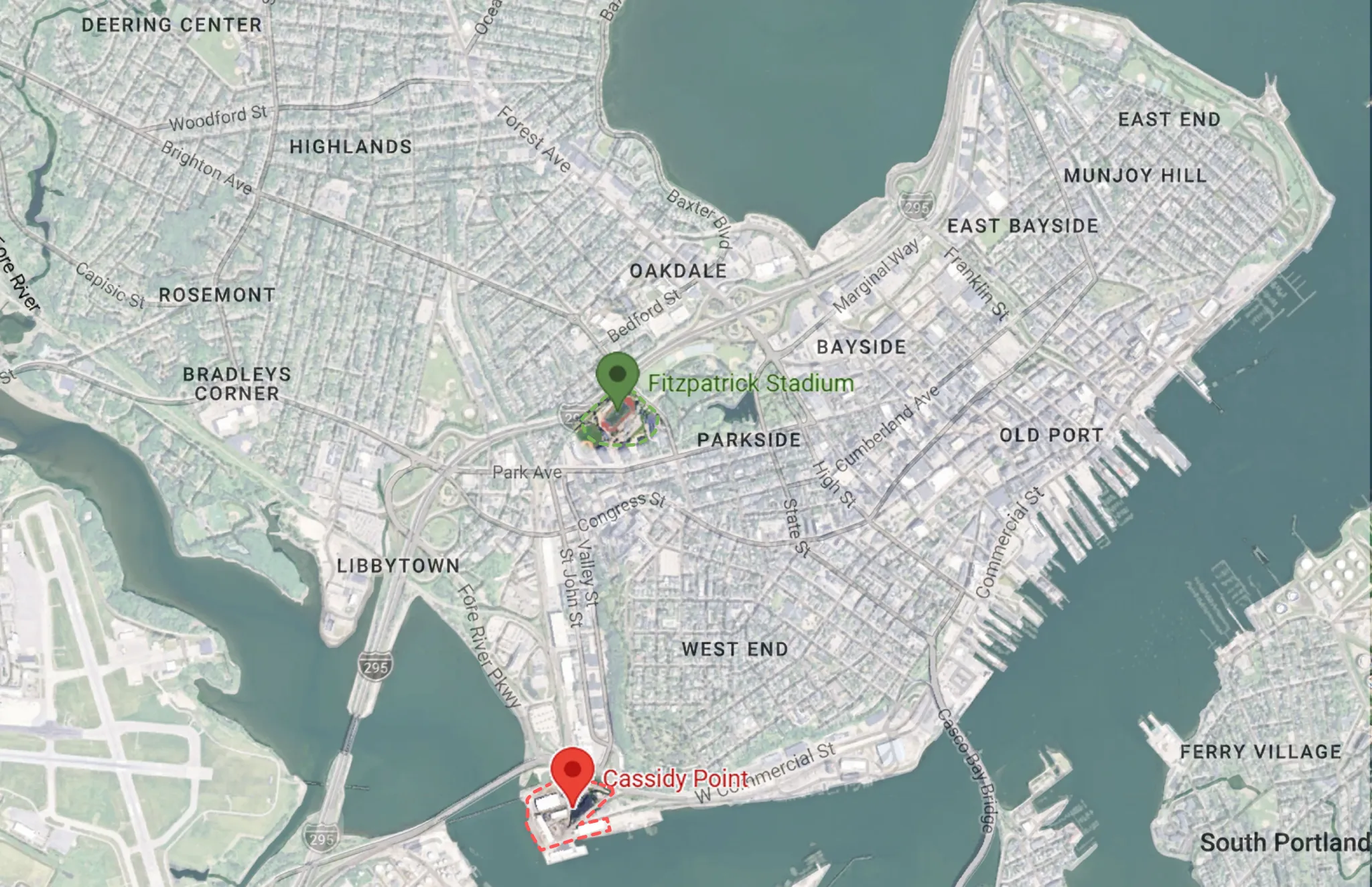 Map showing Fitzpatrick Stadium and the Cassidy Point site in Portland, Maine