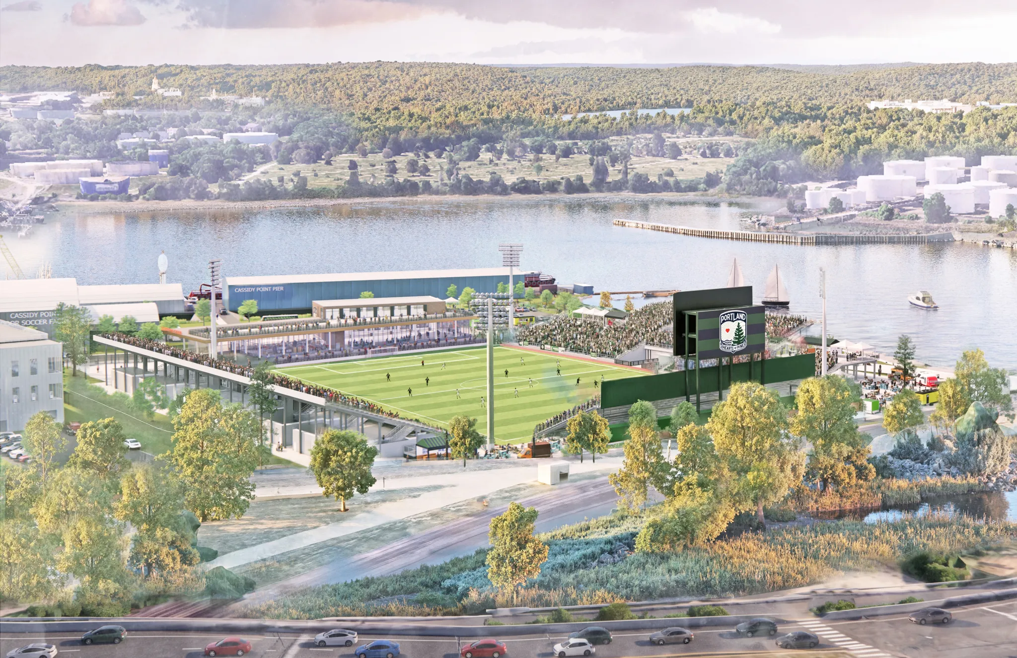 Rendering of the stadium along the Fore River waterfront