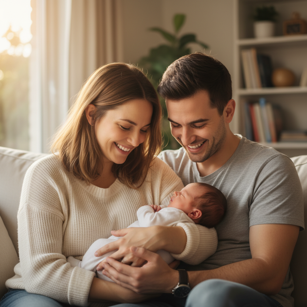 Young couple holding their newborn baby with joy and love
