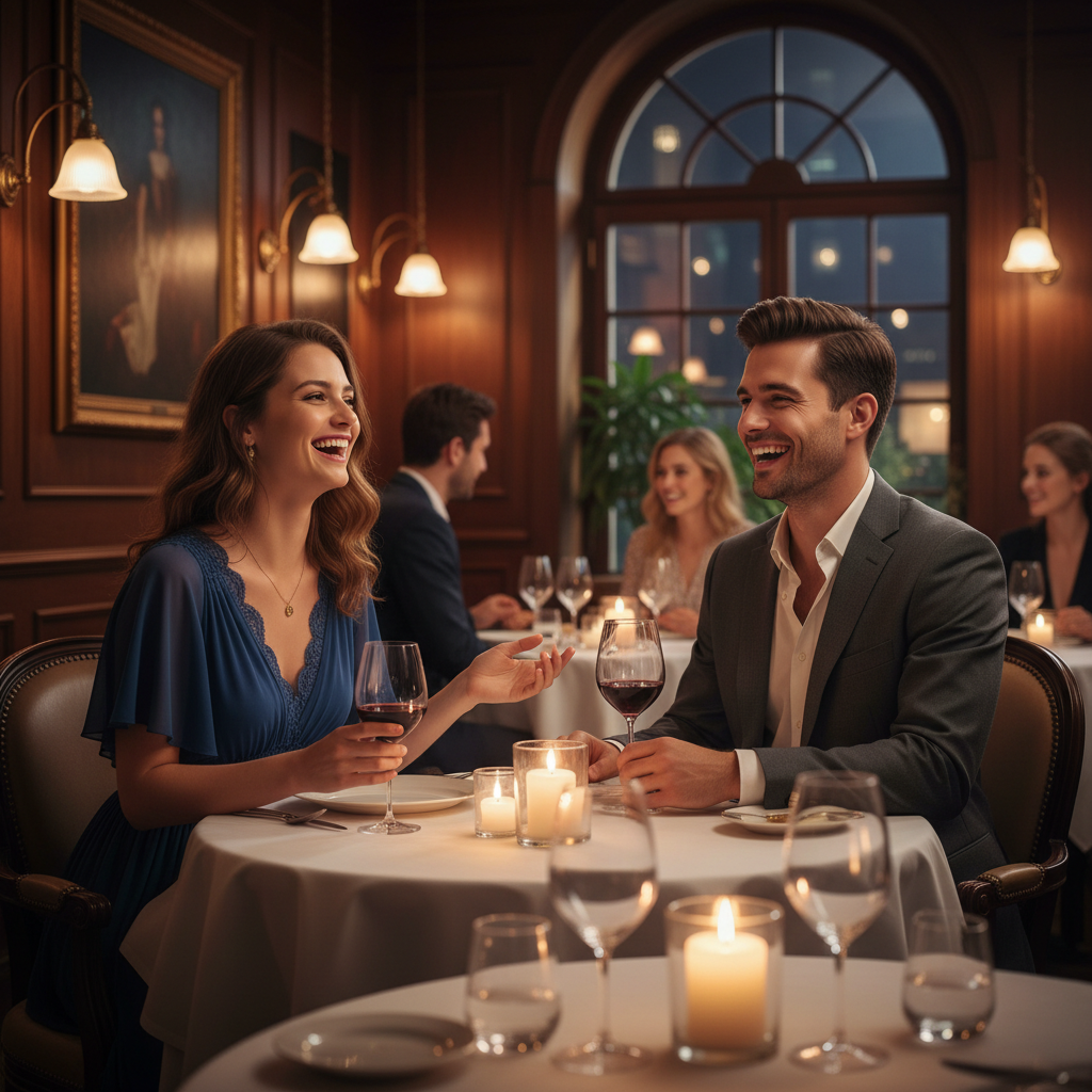 Young couple smiling and laughing meeting for the first time at a restaurant