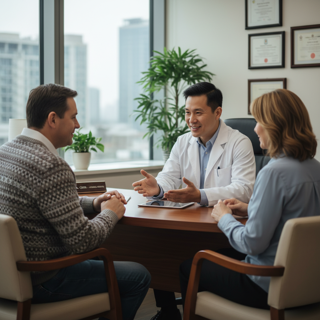 Physician consulting with a middle-aged man and his wife in a medical office
