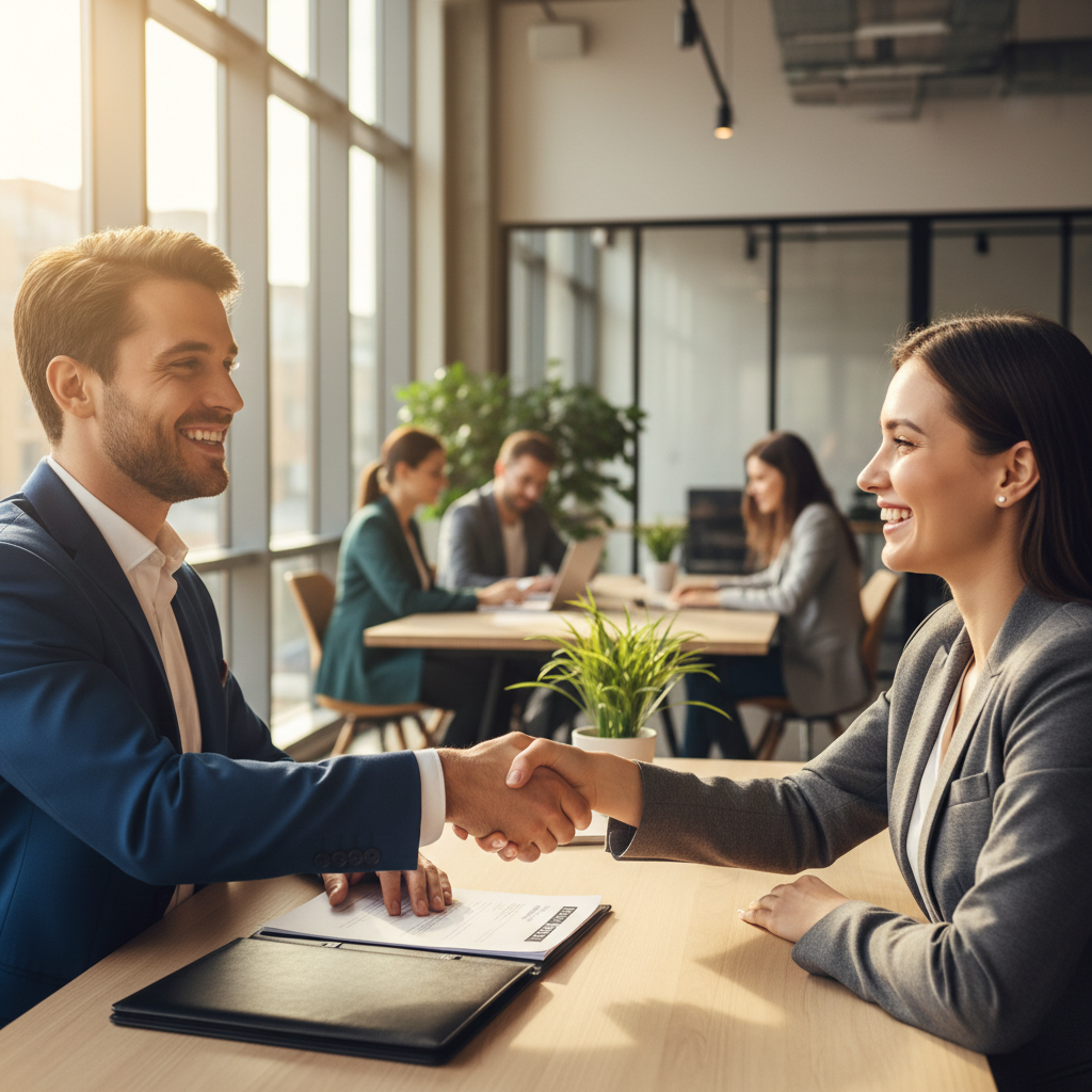 Professional shaking hands with hiring manager, confident smile with portfolio