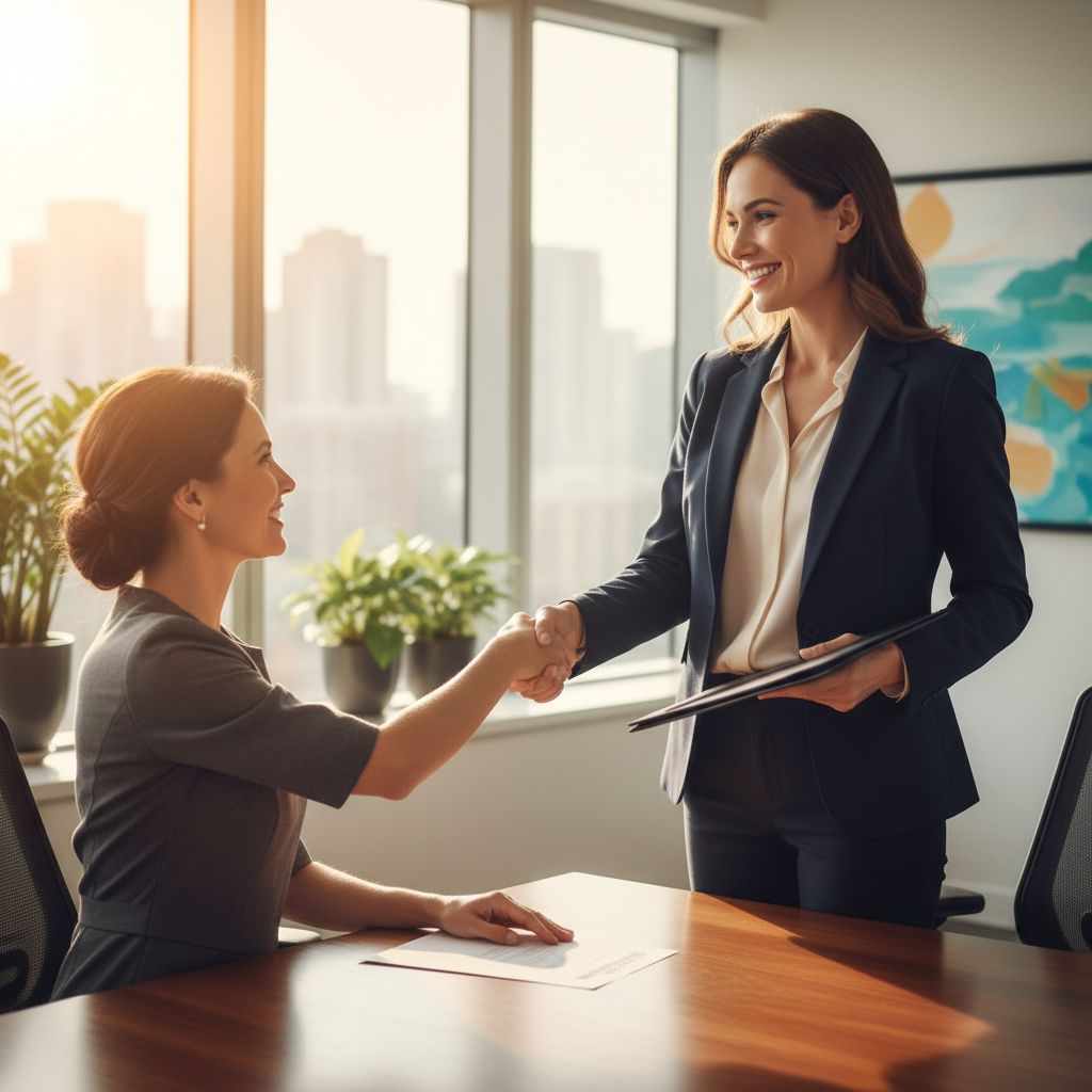 Professional woman shaking hands with HR manager, smiling with resume in hand
