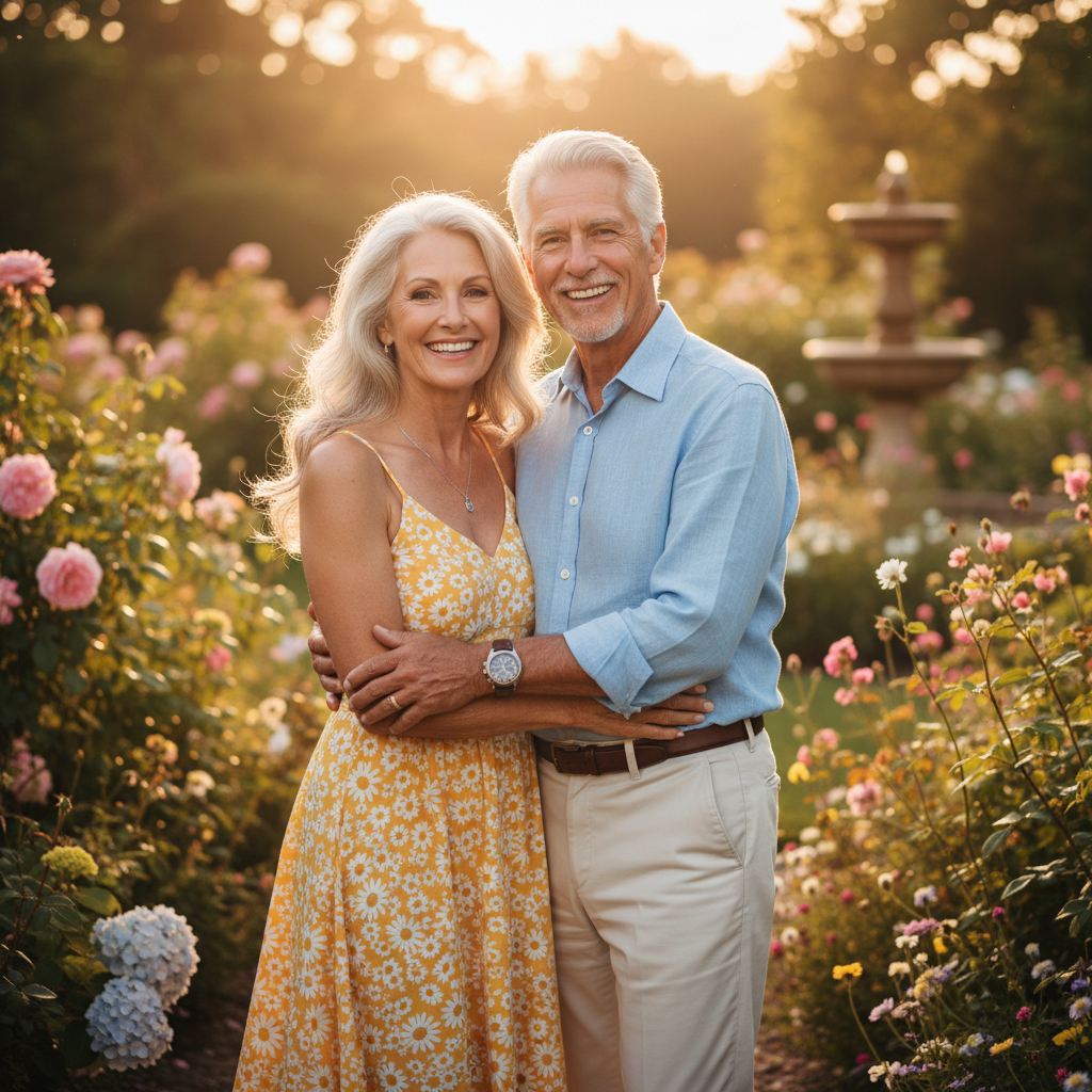 Vibrant older couple with bright smiles enjoying life together outdoors