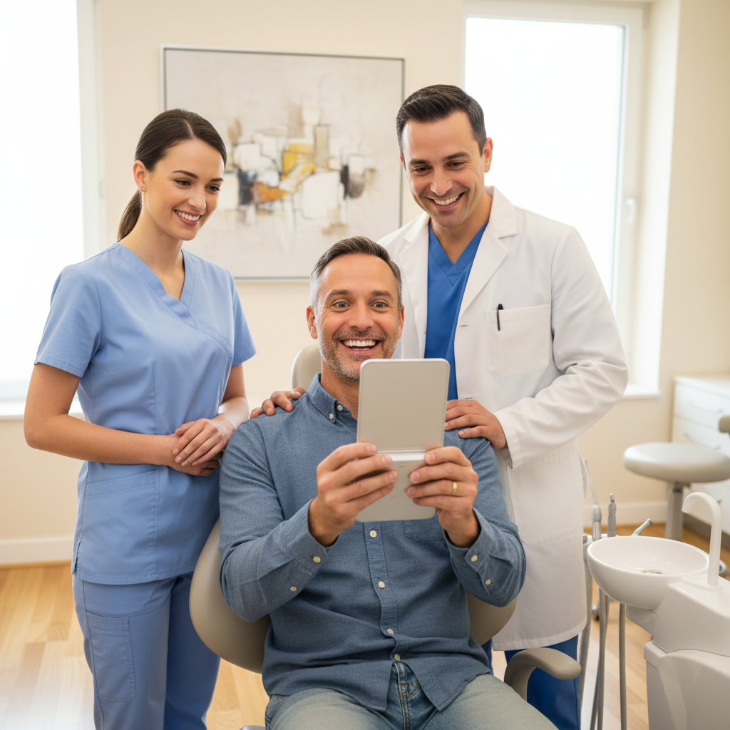 Male dentist and dental assistant proudly watching patient see his new smile in the mirror for the first time