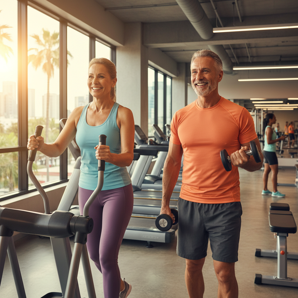 Mature couple exercising together at the gym, smiling and healthy