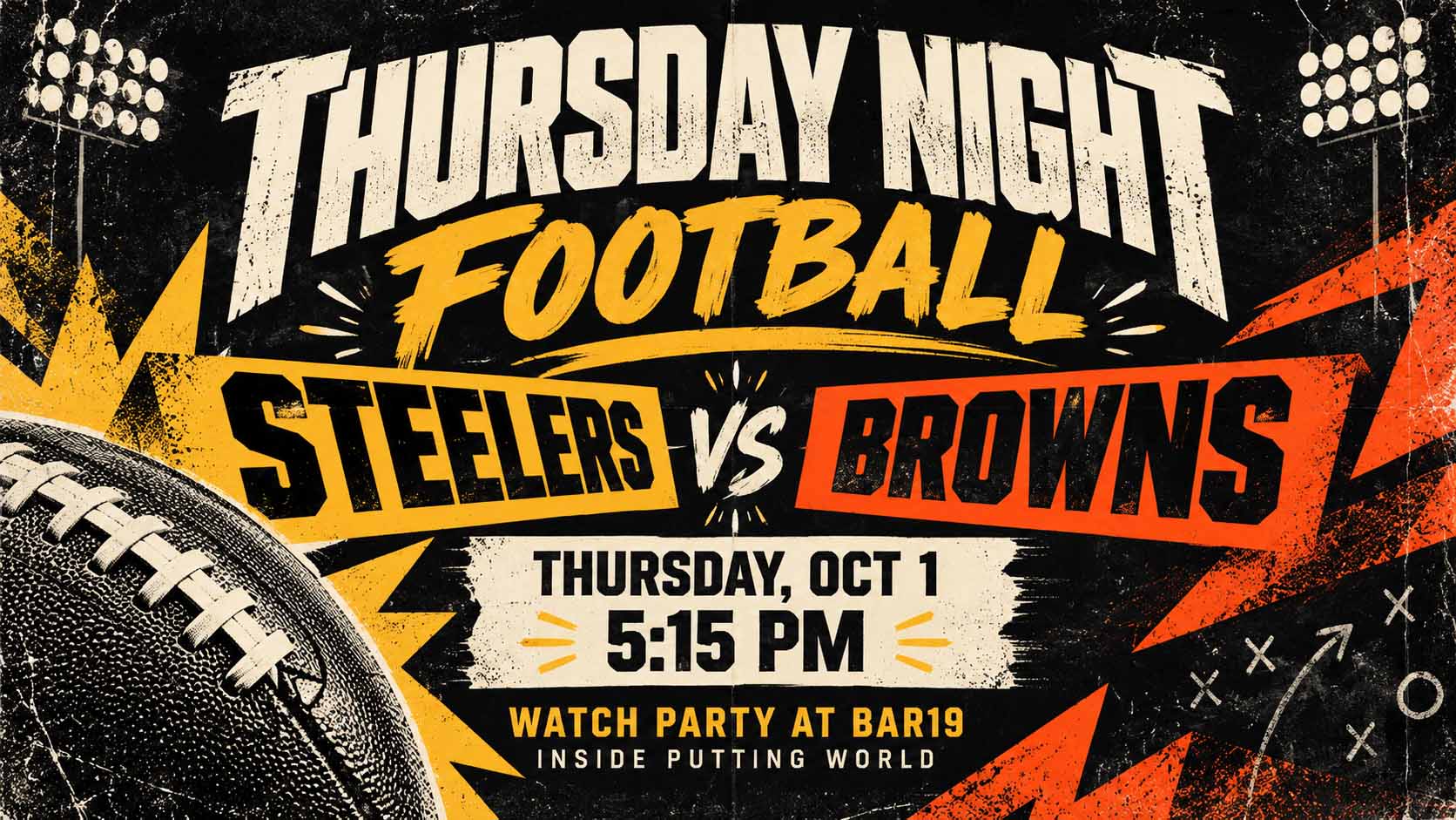 Thursday Night Football watch party graphic for Steelers vs. Browns on Thursday, October 1 at 5:15 PM at Putting World.