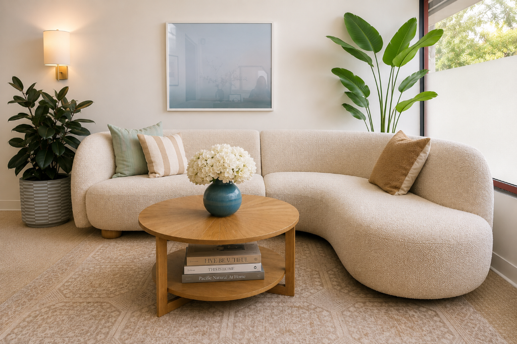 Warm therapy office waiting area with natural light