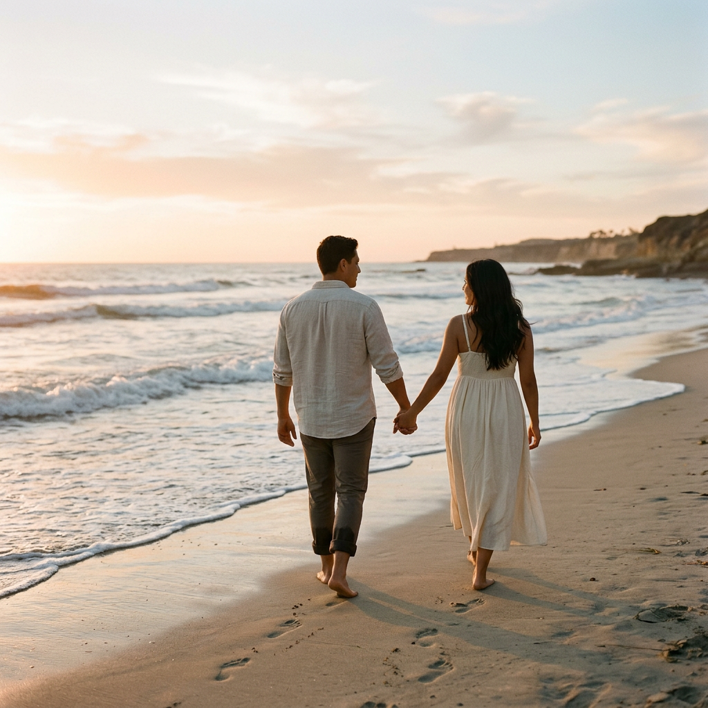 Serene couple walking along a shoreline