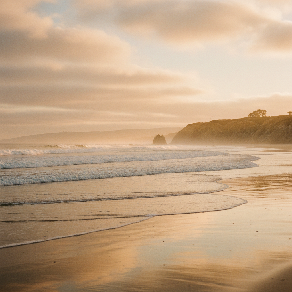 San Diego beach coastline at golden hour, representing peaceful retreat setting