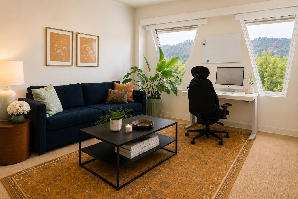 Therapy office with blue couch, plants, and calm mountain views