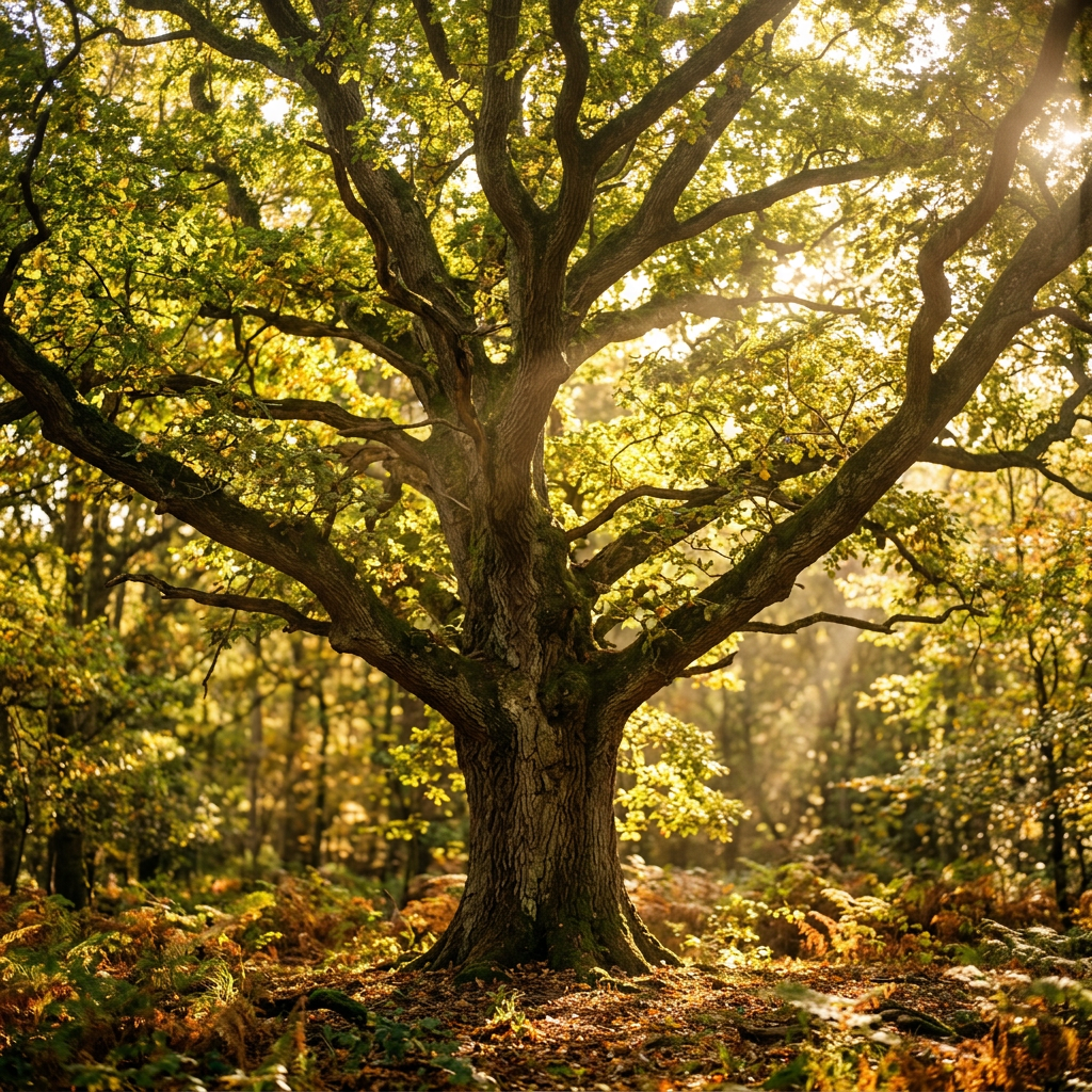 Majestic tree with golden healing leaves