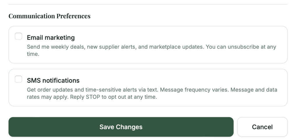GreenSource profile Communication Preferences opt-in checkboxes for Email marketing and SMS notifications