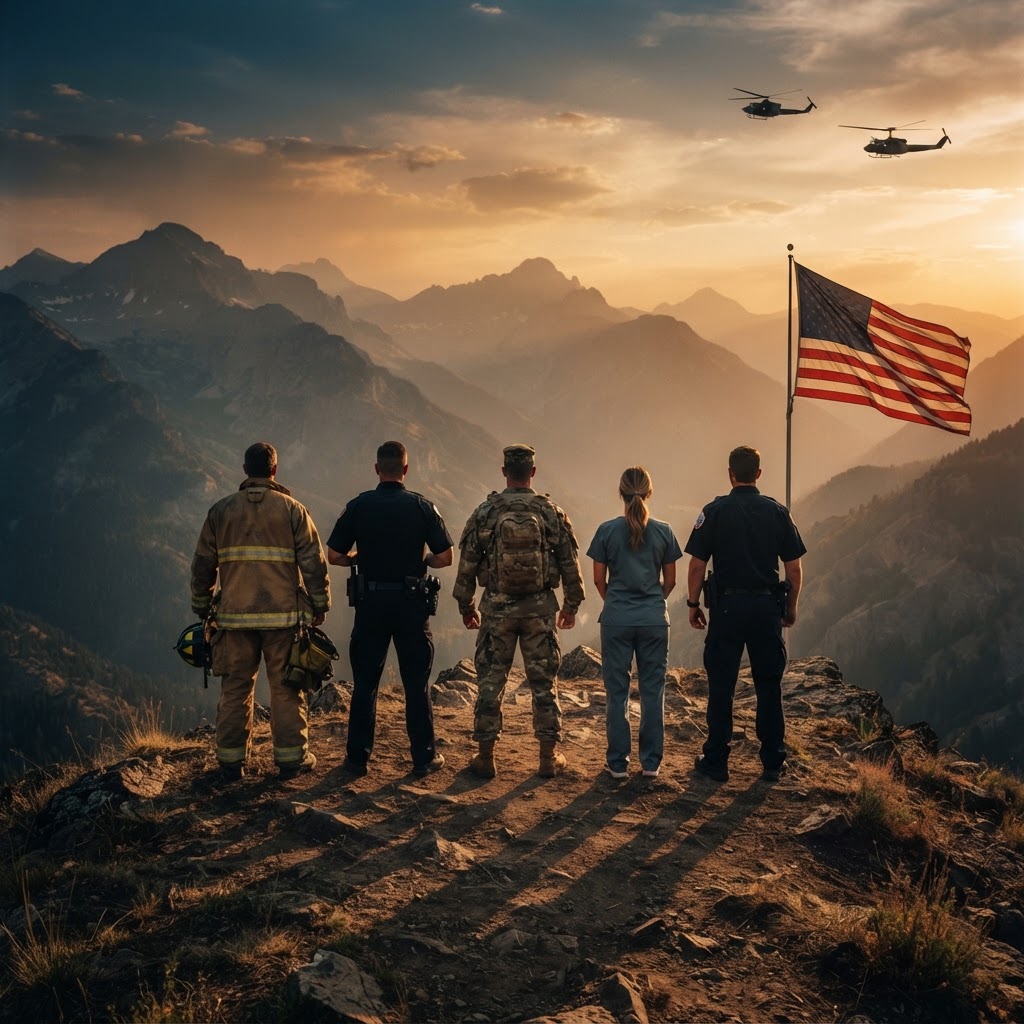 First responders overlooking the mountains at sunset beneath the American flag