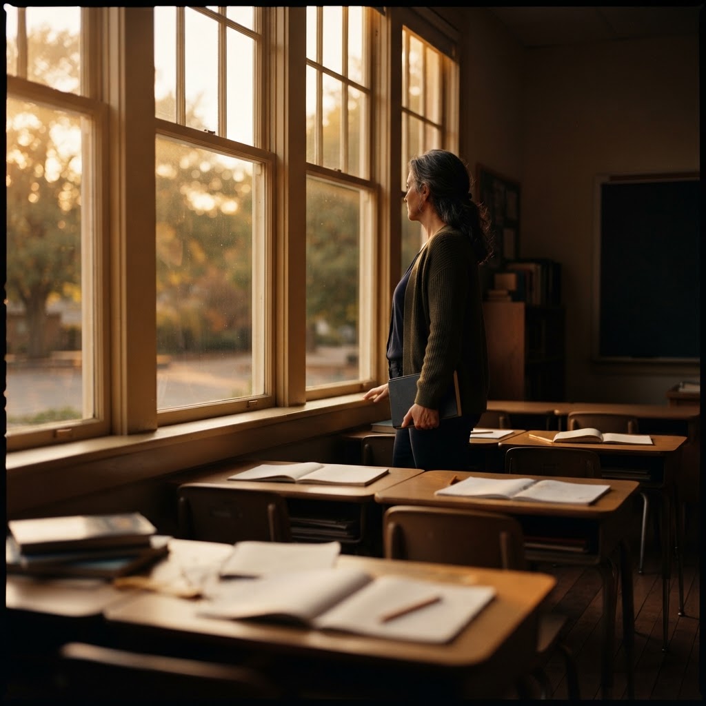 A teacher at the front of a sunlit classroom