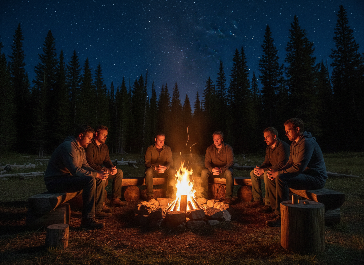 Men gathered around a campfire circle in the evening