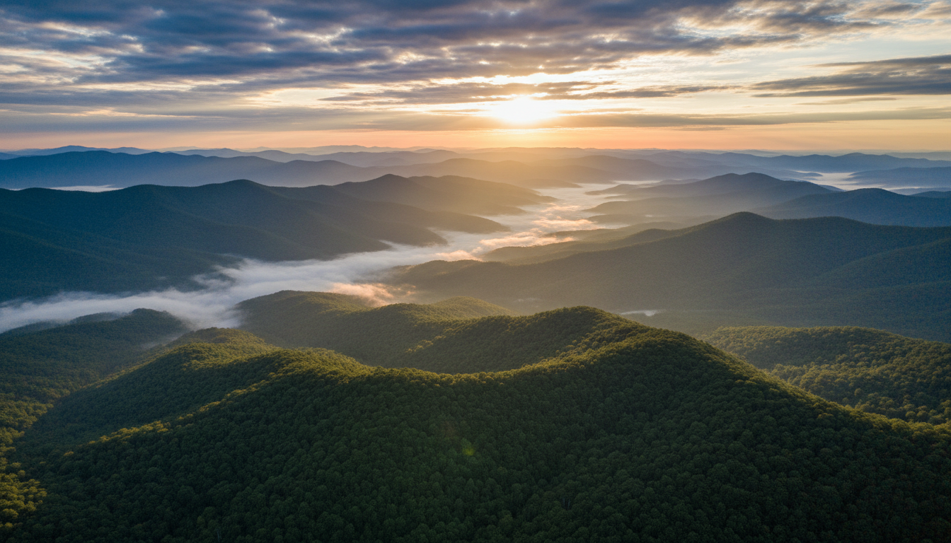 Blue Ridge Mountains at golden hour — the Emafini Mountain Lodge landscape