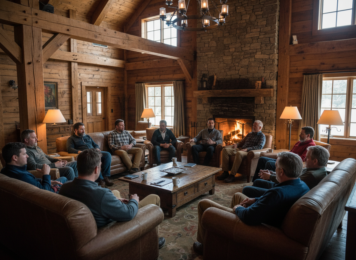 Men in group discussion in a warm lodge setting