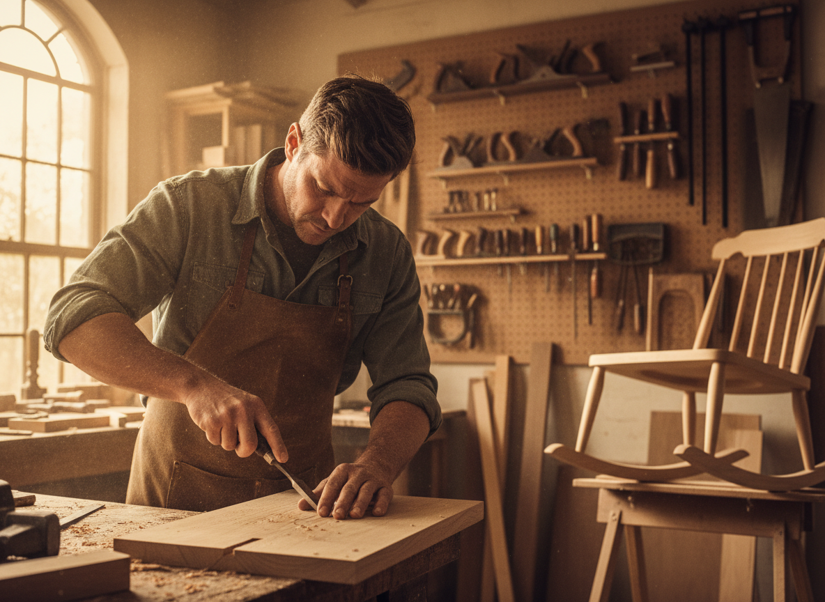 Man focused on woodworking in a workshop