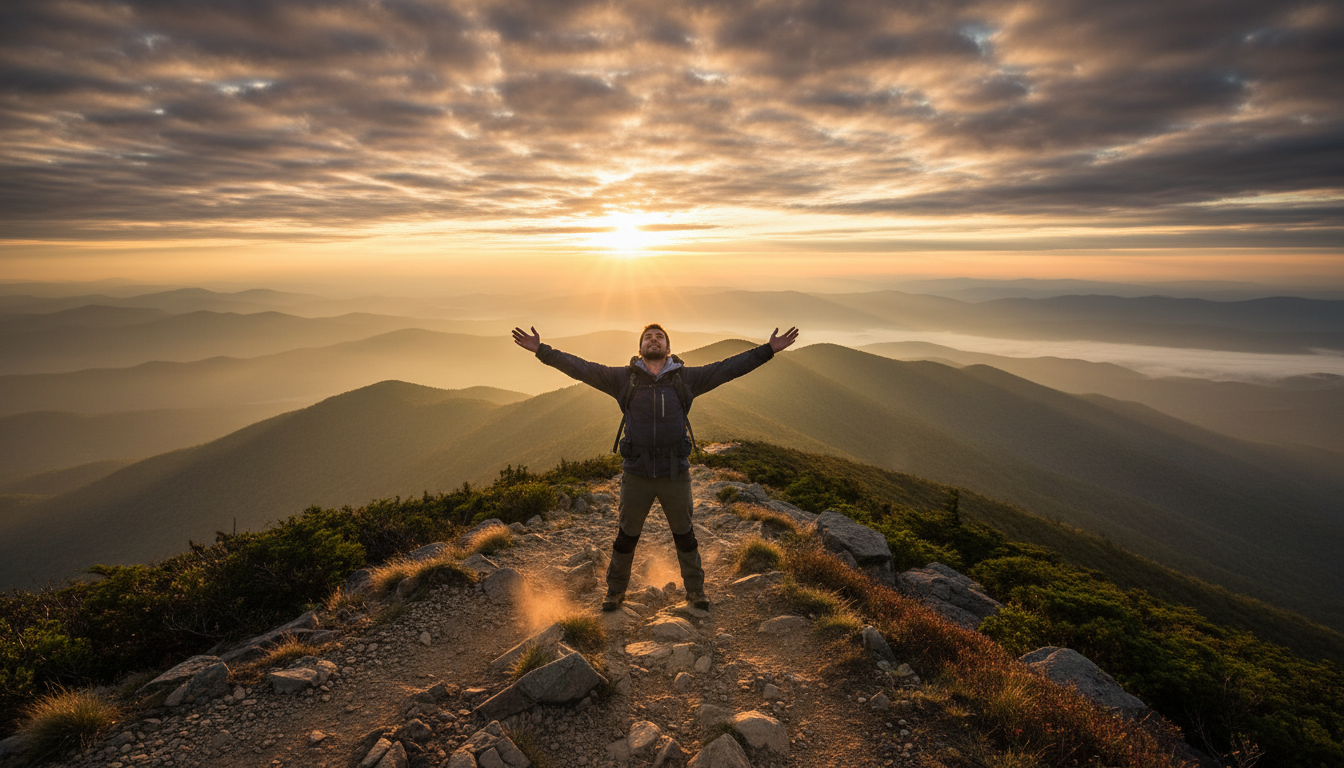 Man standing on a mountain trail at dramatic sunrise