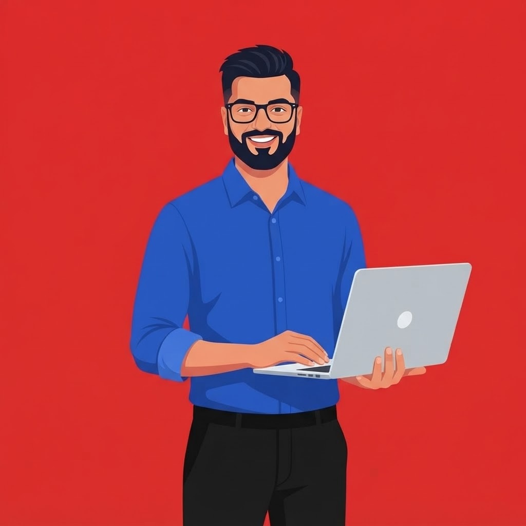 Vector-Casual-Friendly-Laptop-RedBg-BlueShirt - Sufi Khan Sulaiman