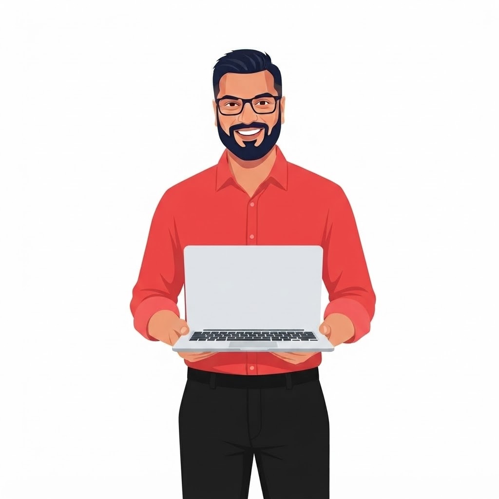 Vector-Casual-Friendly-Laptop-WhiteBg-RedShirt - Sufi Khan Sulaiman