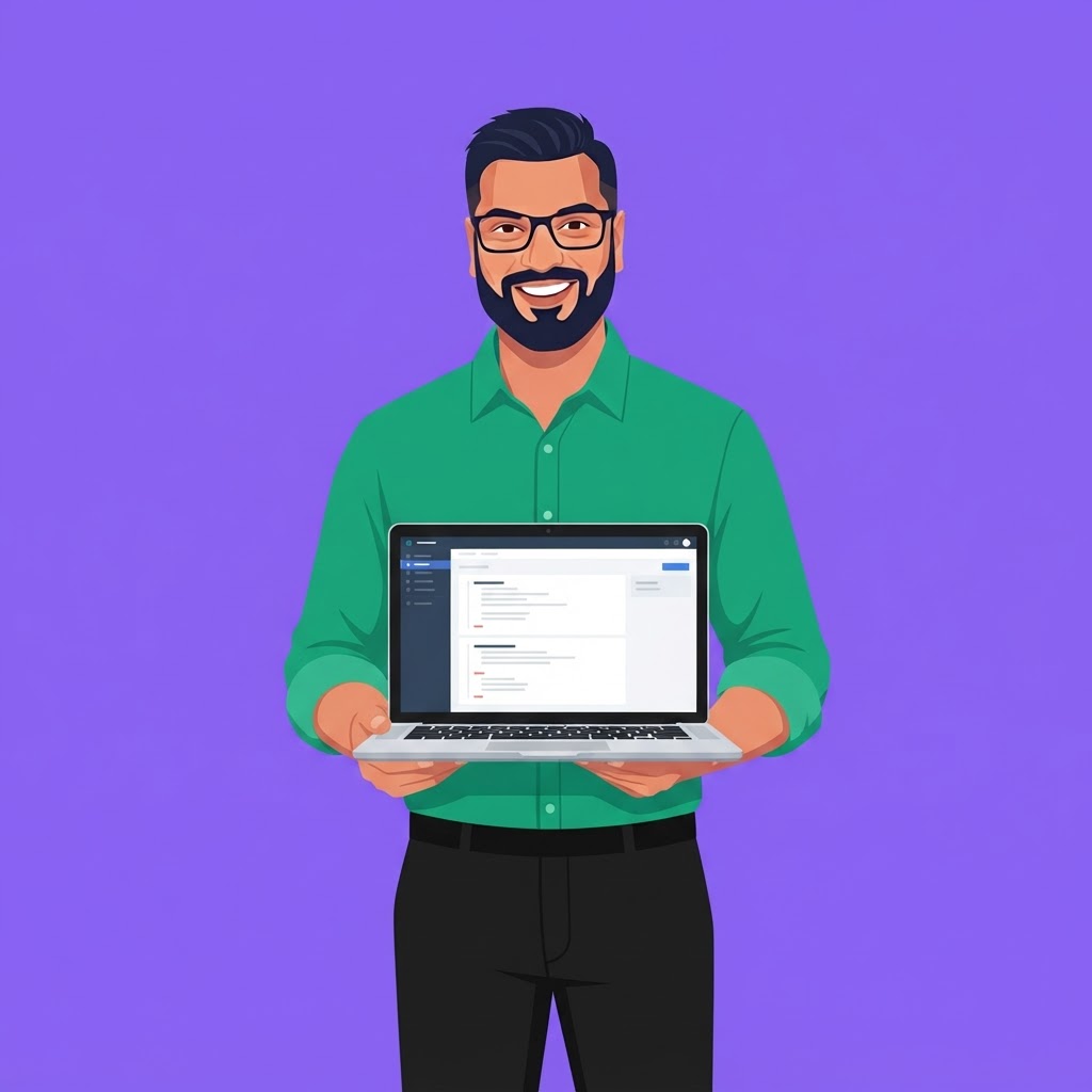 Vector-Casual-Friendly-Laptop-VioletBg-GreenShirt Sufi Khan Sulaiman