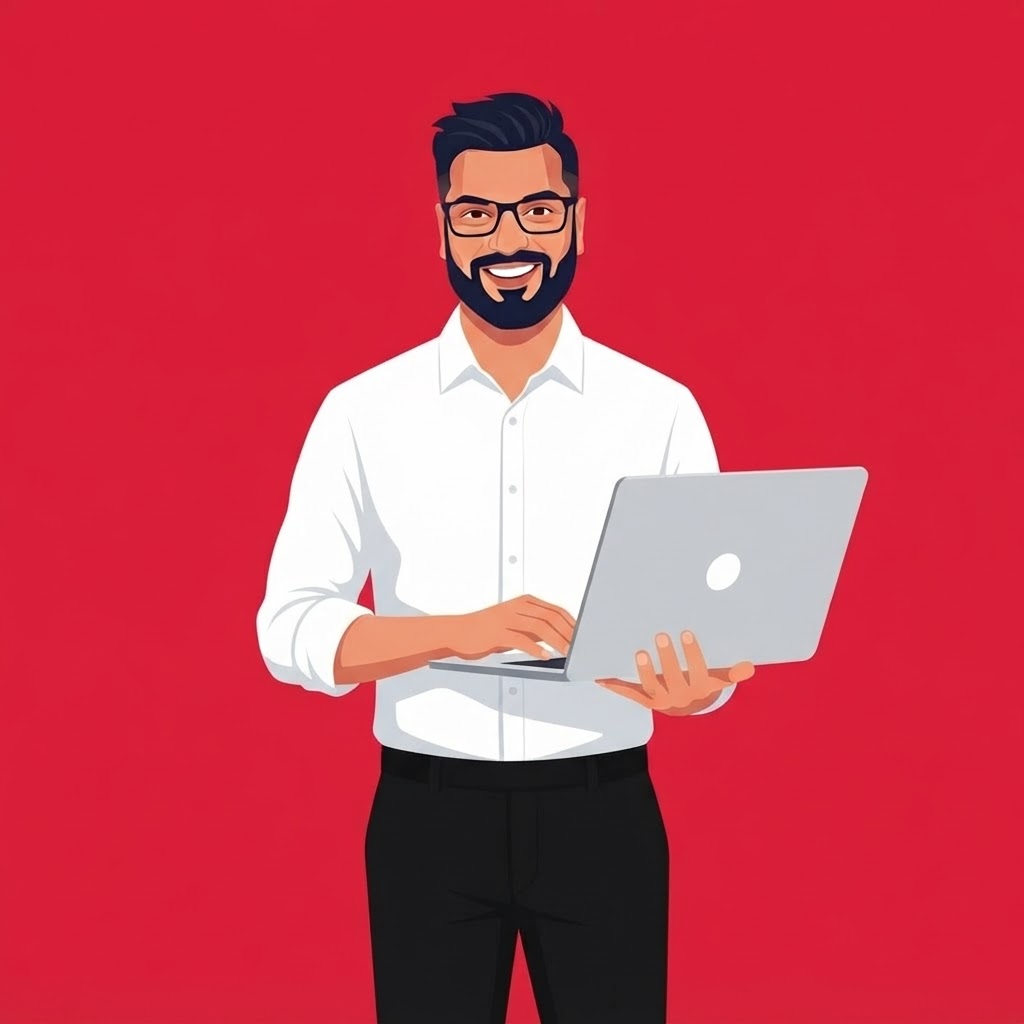 Vector-Casual-Friendly-Laptop-CrimsonBg-WhiteShirt - Sufi Khan Sulaiman
