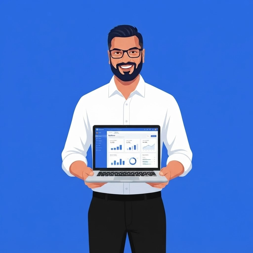Vector-Casual-Friendly-Laptop-BlueBg-WhiteShirt Sufi Khan Sulaiman
