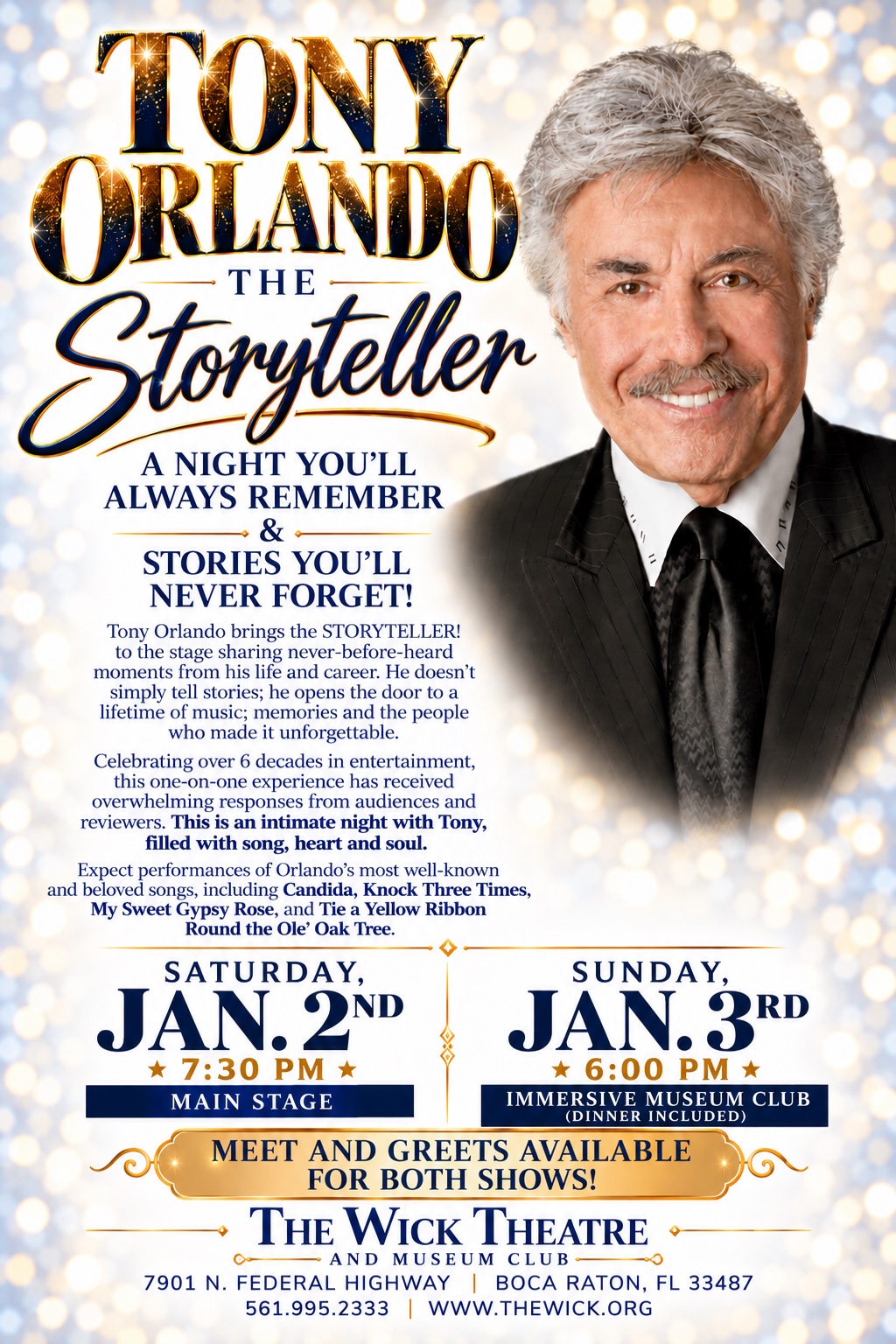 Tony Orlando — Main Stage Concert Saturday, January 2, 2027 and Immersive Supper Club Sunday, January 3, 2027 at The Wick Theatre