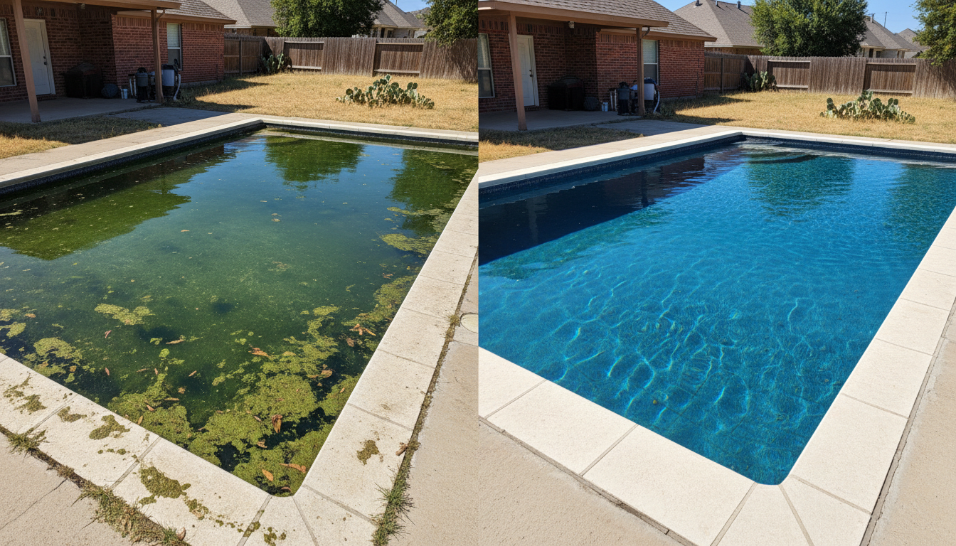 Before and after green pool recovery cleanup by BK Pool Solutions in Granbury TX